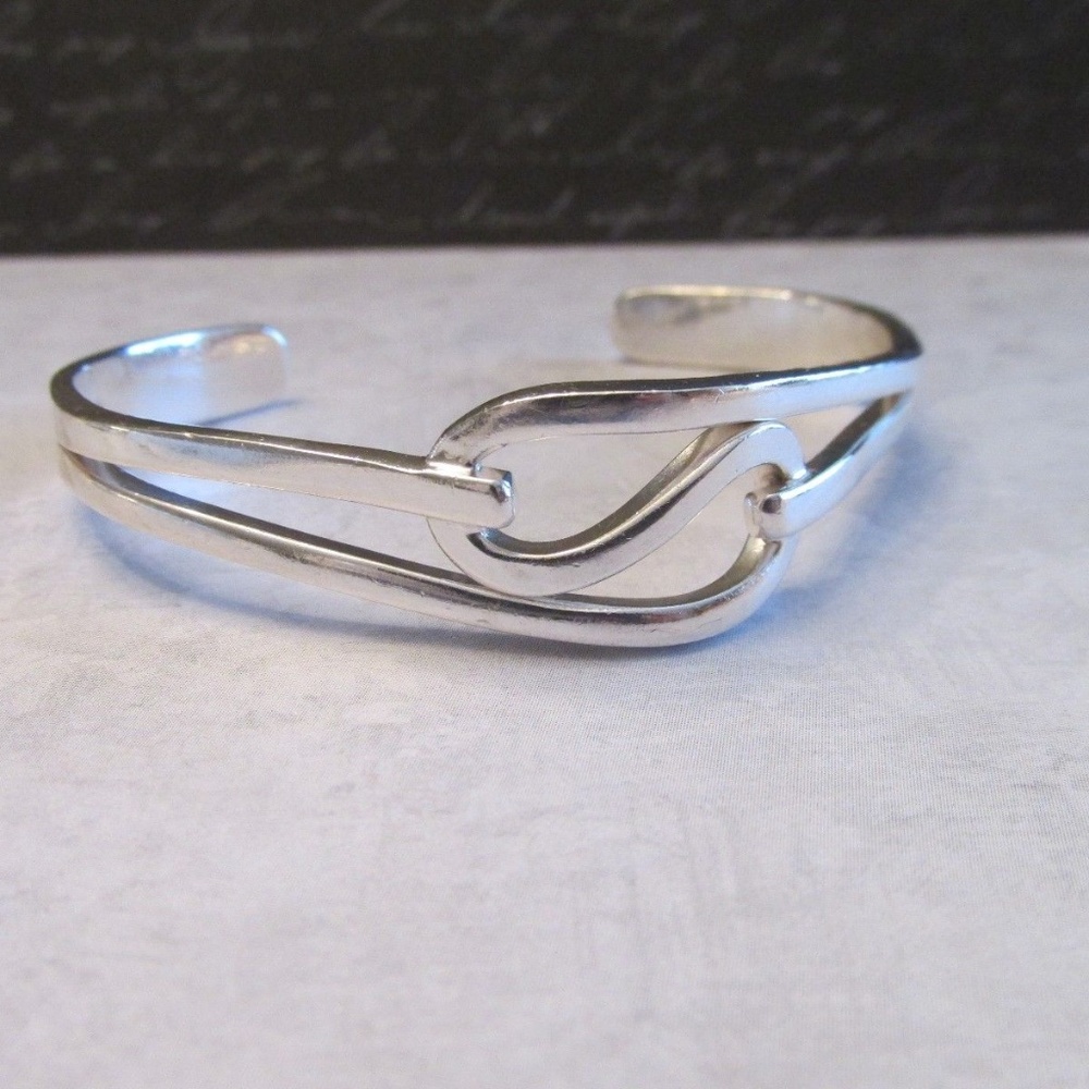 Solid Sterling Silver Artisan Wave Cuff Bracelet - image 1